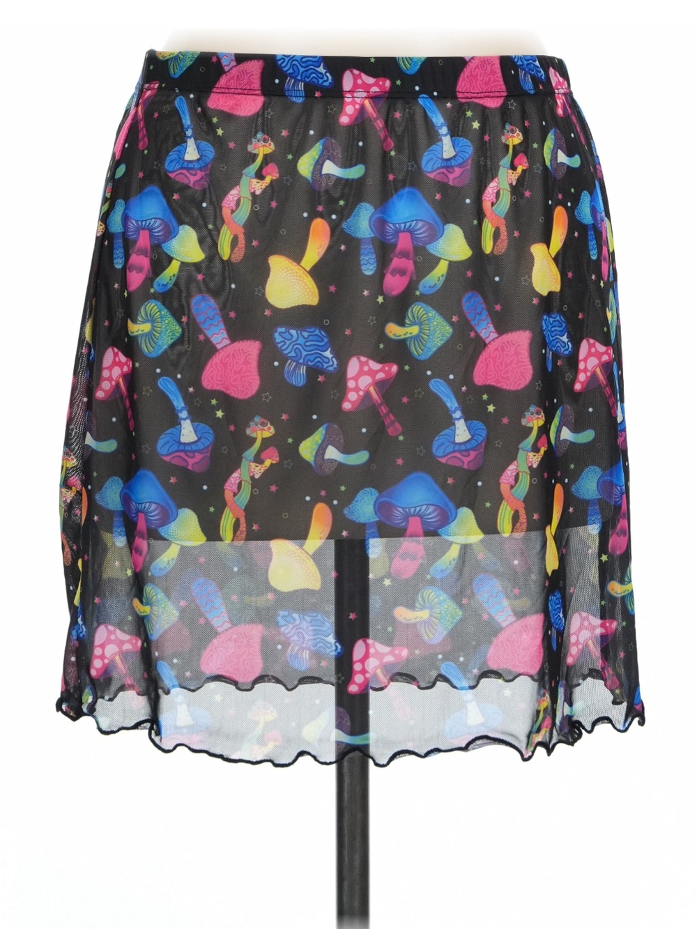 Black Sheer Mesh Mini Skirt with Colorful Mushroom Print